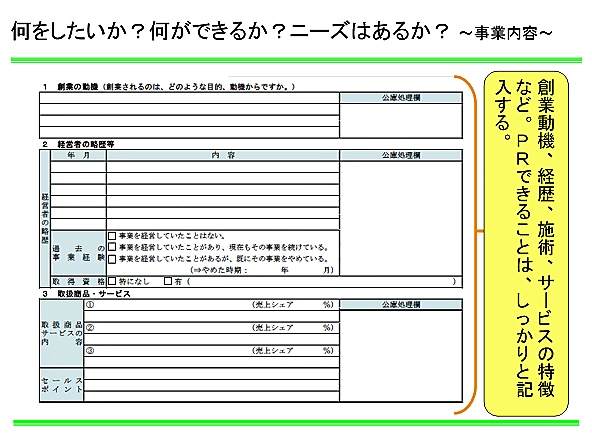 日本政策金融公庫　創業計画書見本～事業内容～
